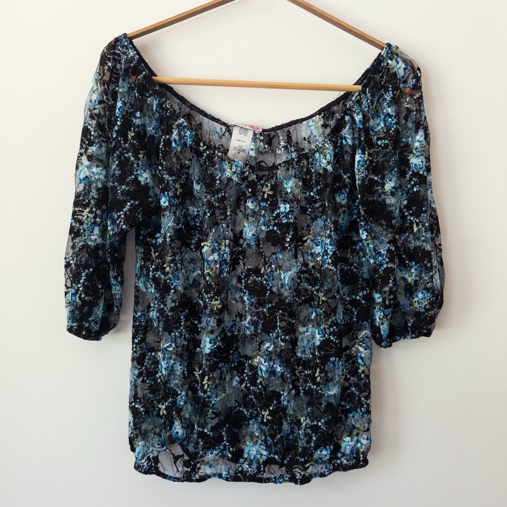 Y2K Sheer Lace Floral Top Womens M Off Shoulder Fairy Whimsigoth Ethereal Dreamy